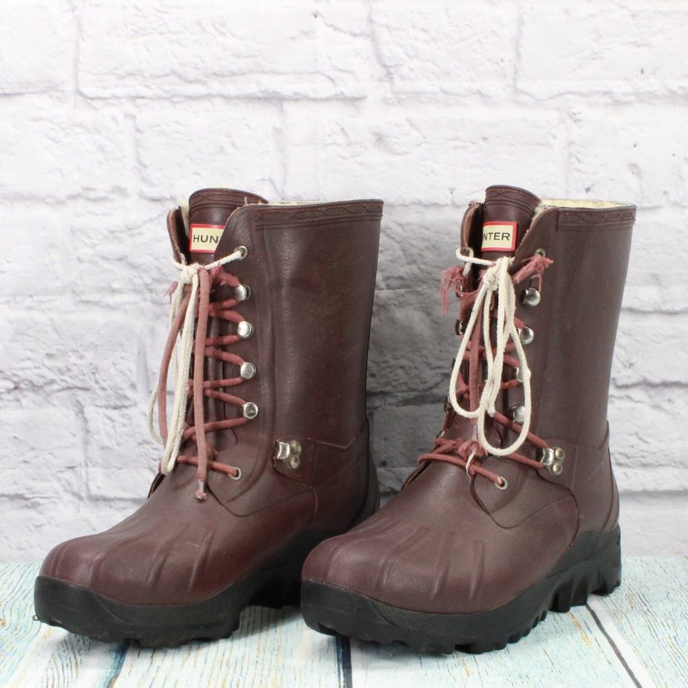 *Hunter Maroon Vibram Sole Shearling Insulated Rubber Rain Boots Size 10 Inches - Picture 2 of 9